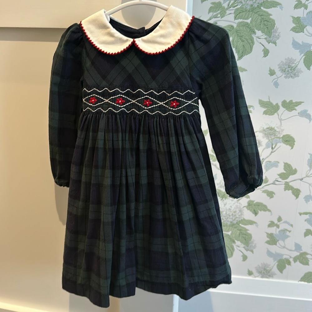 Trotters Navy and Green Plaid Smocked Peter Pan Collar Dress